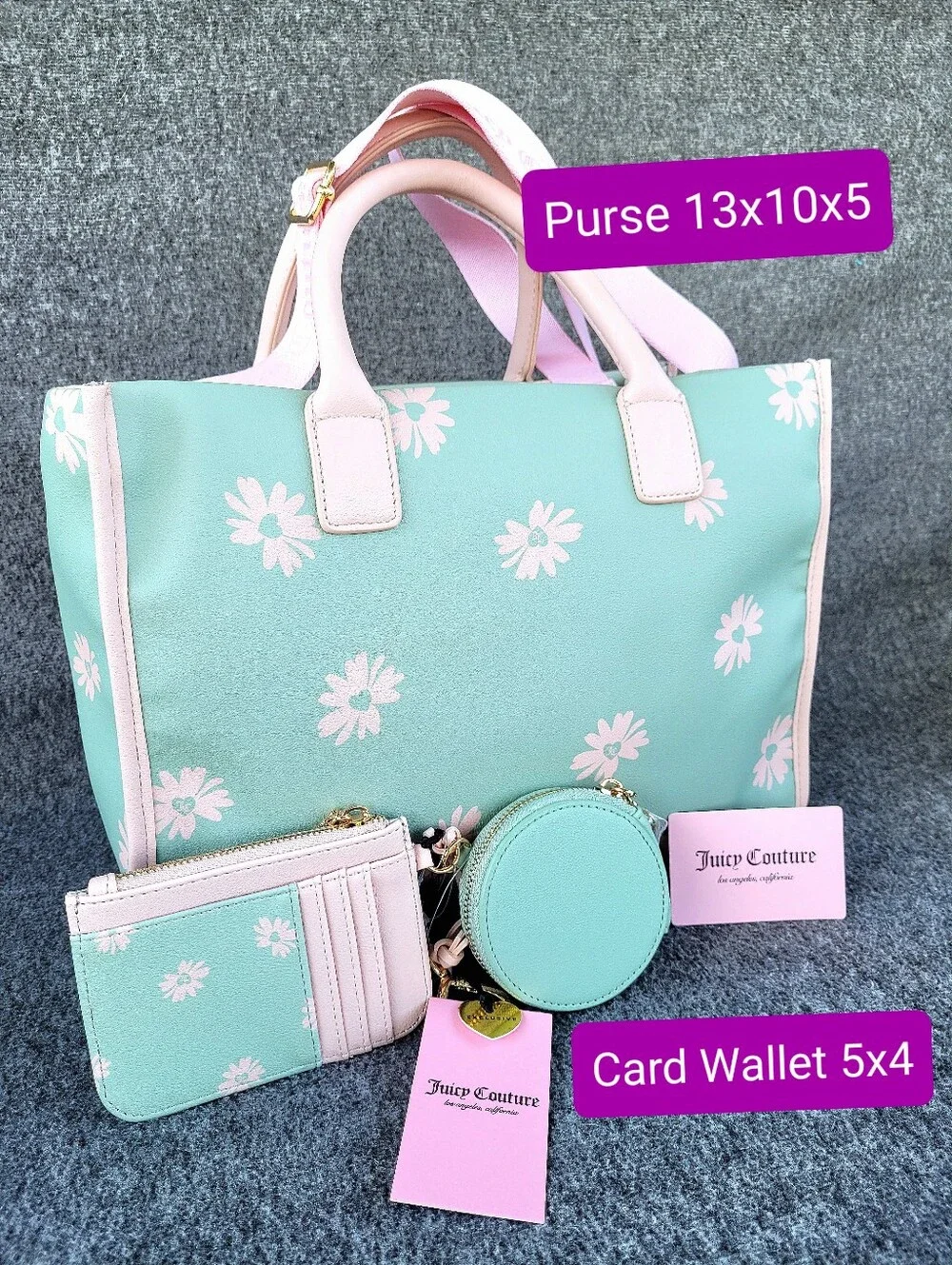 Juicy Couture Daisy For Juicy Tote Frosty Green Pink With Matching Card Wallet